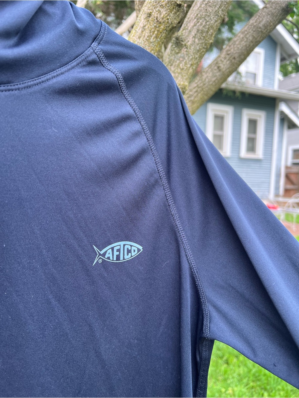 AFTCO Hooded Fishing Performance long Sleeve Shirt Top Men’s Navy Blue Hoodie S - Picture 9 of 9